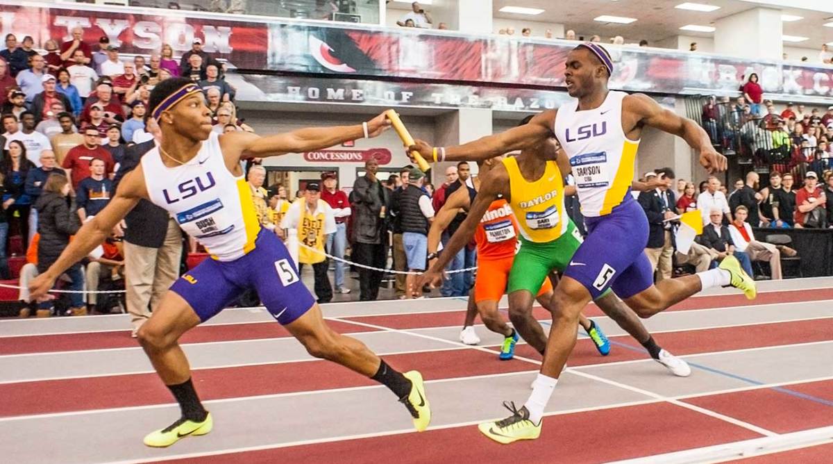 Grayson (right) won four national relay titles with LSU. 