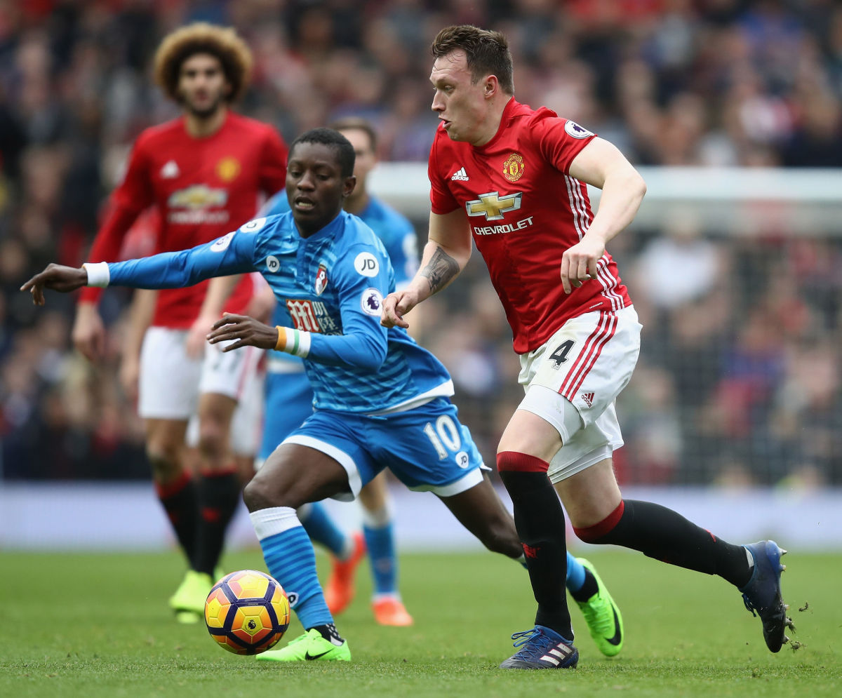 MANCHESTER, ENGLAND - MARCH 04:  Phil Jones of Manchester United in action with Max Gradel of Bournemouth during the Premier League match between Manchester United and AFC Bournemouth at Old Trafford on March 4, 2017 in Manchester, England.  (Photo by Julian Finney/Getty Images)