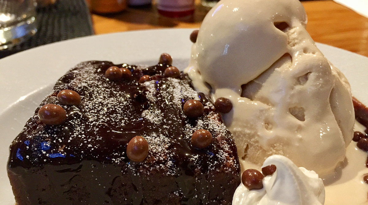 A candied bacon brownie and bourbon ice cream.
