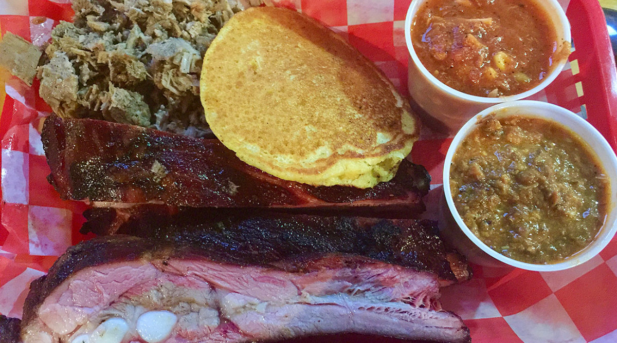 At B's Cracklin' BBQ,  the pulled pork is juicy and tender and loaded with bits of bark. 