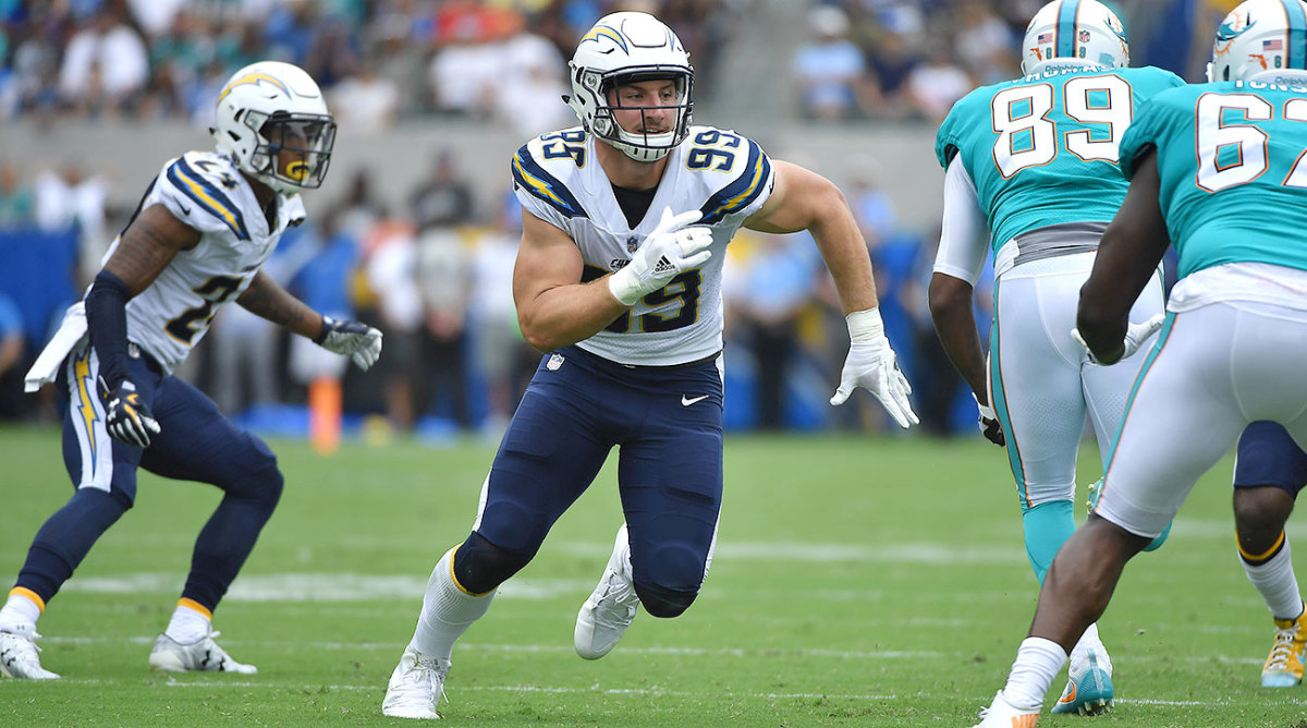 In 12 games played for the Chargers last season, Joey Bosa tallied 41 tackles, 10.5 sacks and one forced fumble—good enough to be named the NFL's Defensive Rookie of the Year.