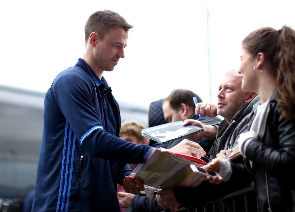 BURNLEY, ENGLAND - MAY 06: Jonny Evans of West Bromwich Albion signs autographs while arriving at the stadium prior to the Premier League match between Burnley and West Bromwich Albion at Turf Moor on May 6, 2017 in Burnley, England.  (Photo by Jan Kruger/Getty Images)