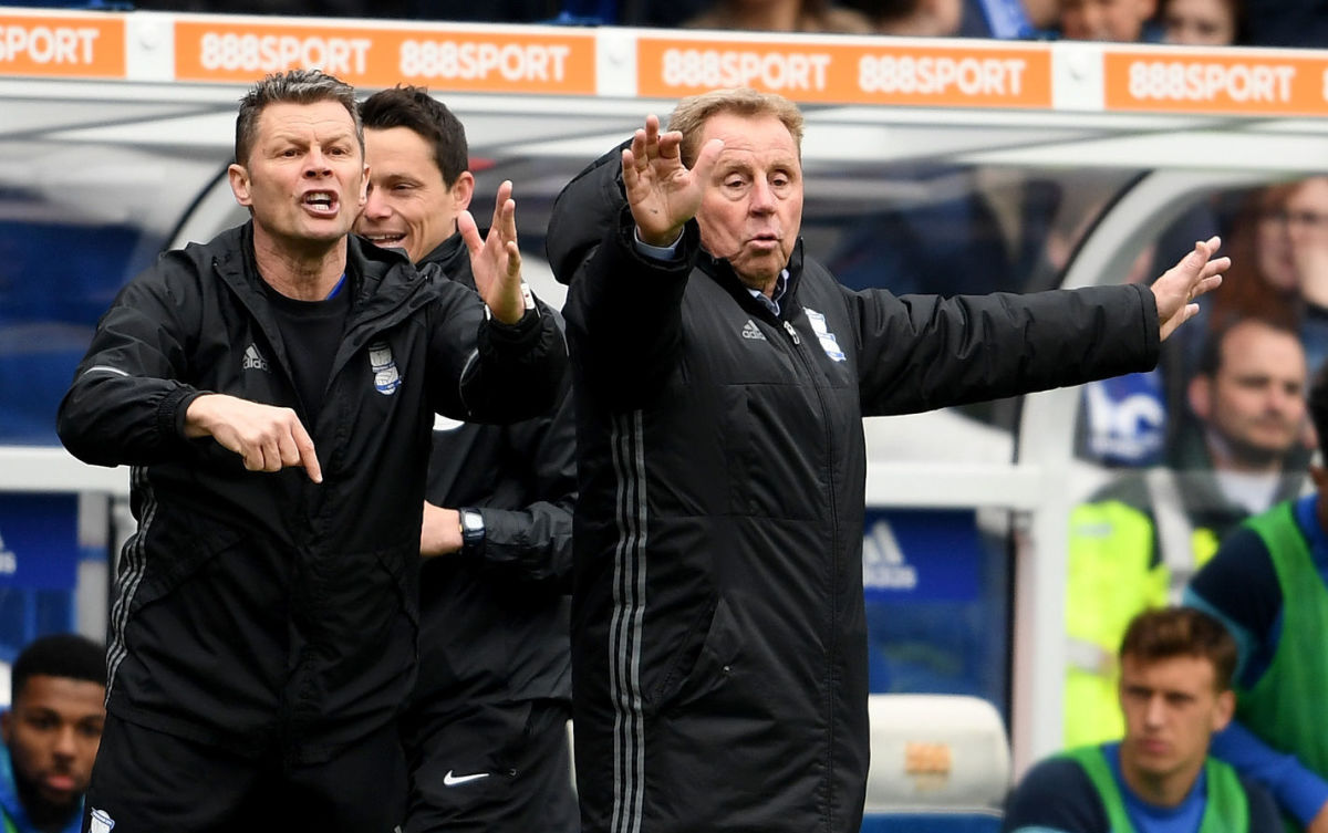 BIRMINGHAM, ENGLAND - APRIL 29:  Steve Cotterill and Harry Redknapp the manager of Birmingham City during the Sky Bet Championship match between Birmingham City and Huddersfield Town at St Andrews (stadium) on April 29, 2017 in Birmingham, England.  (Photo by Ross Kinnaird/Getty Images)