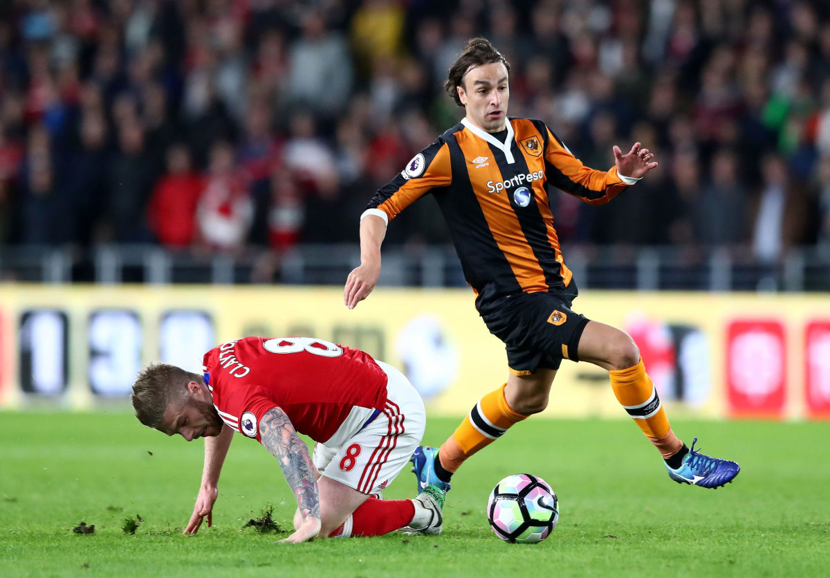 HULL, ENGLAND - APRIL 05:  Adam Clayton of Middlesbrough (L) and Lazar Markovic of Hull City (R) battle for possession during the Premier League match between Hull City and Middlesbrough at the KCOM Stadium on April 5, 2017 in Hull, England.  (Photo by Matthew Lewis/Getty Images)