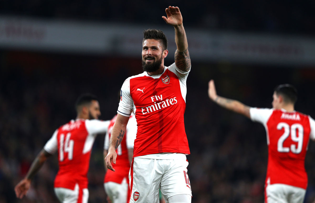 LONDON, ENGLAND - MARCH 11:  Olivier Giroud of Arsenal celebrates as he scores their second goal during The Emirates FA Cup Quarter-Final match between Arsenal and Lincoln City at Emirates Stadium on March 11, 2017 in London, England.  (Photo by Ian Walton/Getty Images)