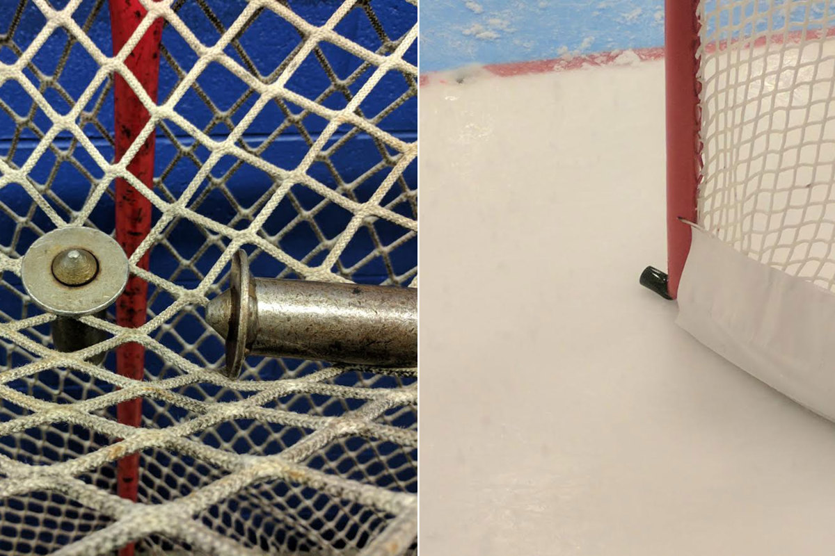 On the left are goal pegs used in Friday's Finland-Russia game on the secondary rink, on the right are those used in the U.S.-Canada game on the main rink.