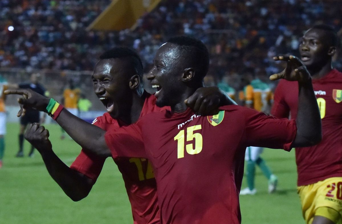 Guinea National football team players Naby Deco Keita (R) and Alkhaly Bangoura celebrates their goal during the 2019 African Cup of Nations qualifyer football match between Ivory Coast and Guinea at the stade de la paix in Bouake on June 10, 2017.  / AFP PHOTO / ISSOUF SANOGO        (Photo credit should read ISSOUF SANOGO/AFP/Getty Images)