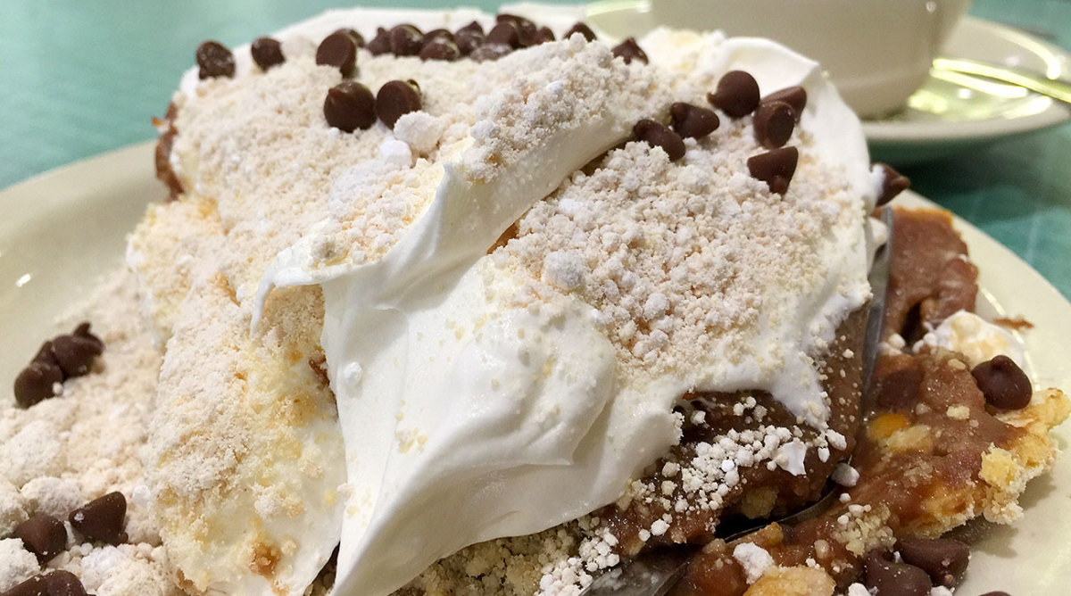 A piece of the delicious chocolate cream pie. 