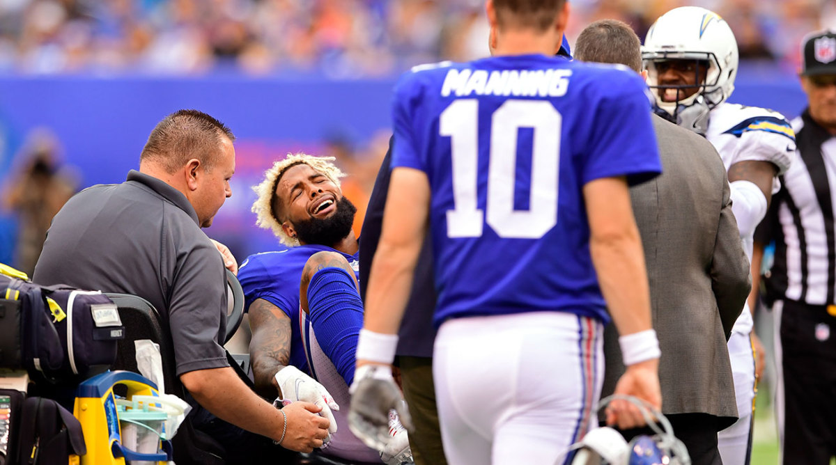 Giants receiver Odell Beckham Jr. broke his left ankle as New York hit a new loss in a fifth straight loss Sunday.