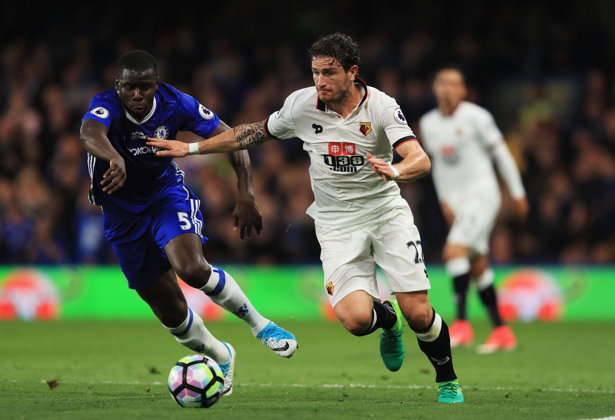 LONDON, ENGLAND - MAY 15:  Kurt Zouma of Chelsea and Daryl Janmaat of Watford battle for possession during the Premier League match between Chelsea and Watford at Stamford Bridge on May 15, 2017 in London, England.  (Photo by Richard Heathcote/Getty Images)