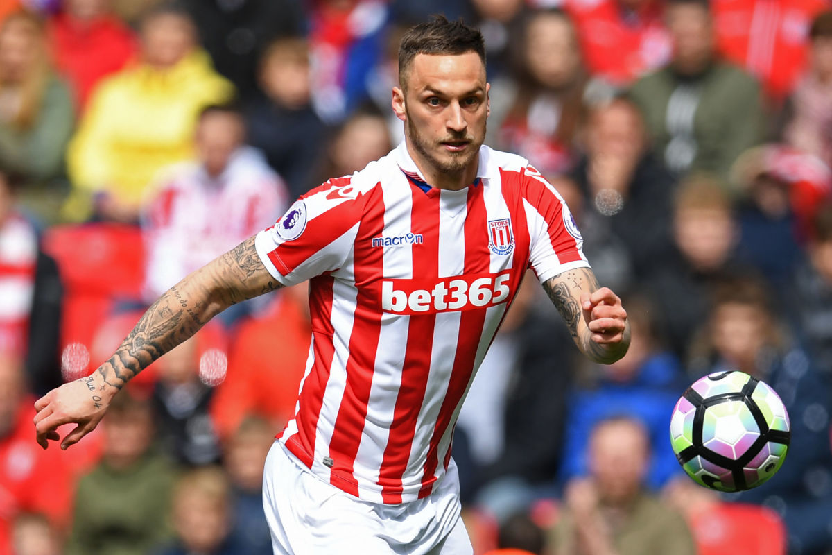 Stoke City's Austrian striker Marko Arnautovic chases the ball during the English Premier League football match between Stoke City and West Ham United at the Bet365 Stadium in Stoke-on-Trent, central England on April 29, 2017.   / AFP PHOTO / Paul ELLIS / RESTRICTED TO EDITORIAL USE. No use with unauthorized audio, video, data, fixture lists, club/league logos or 'live' services. Online in-match use limited to 75 images, no video emulation. No use in betting, games or single club/league/player publications.  /         (Photo credit should read PAUL ELLIS/AFP/Getty Images)