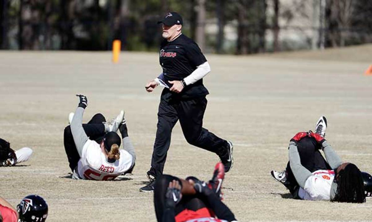 Dan Quinn puts his Falcons players through the paces in Flowery Branch, Ga., this week in advance of Super Bowl 51.