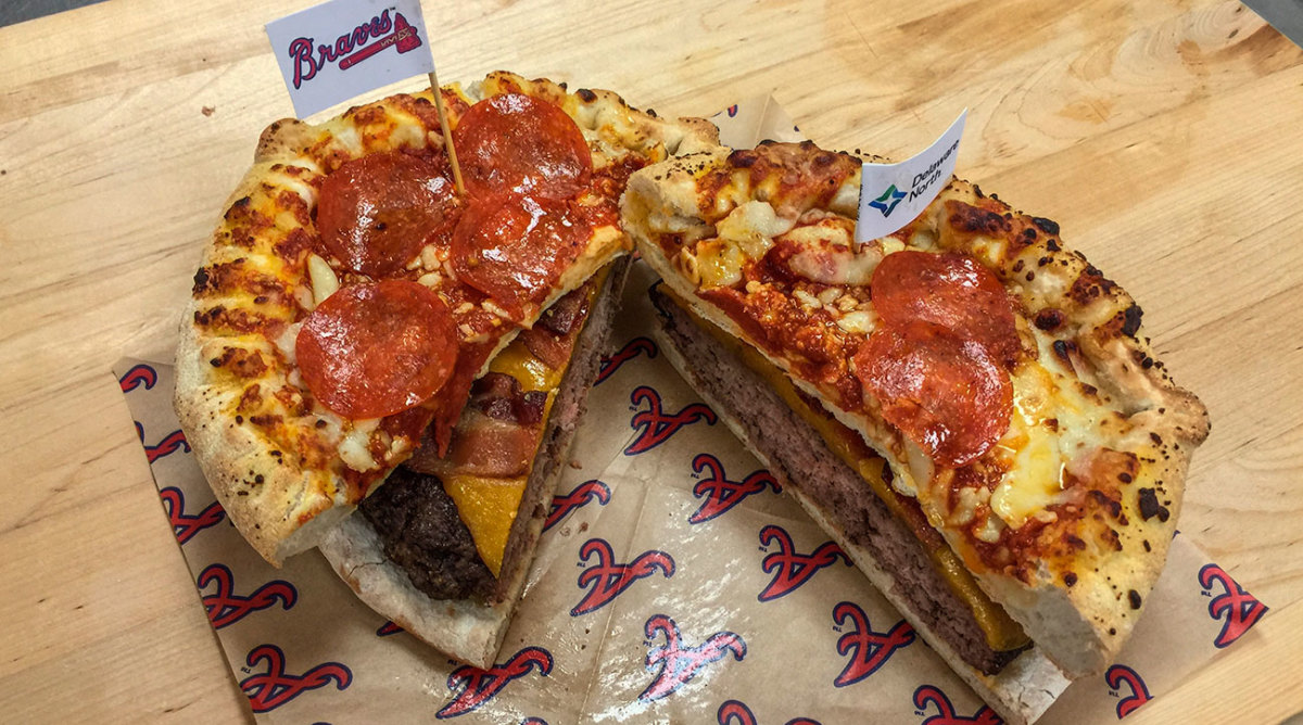 The "Burgerizza", AKA a 20-ounce beef patty served between two eight-inch pepperoni pizzas.