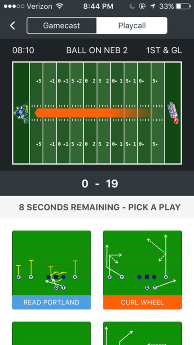 The Screaming Eagles app's play-calling interface.