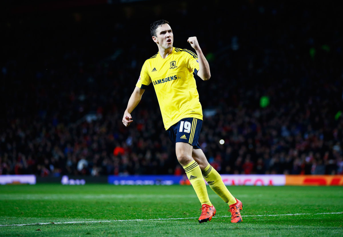 MANCHESTER, ENGLAND - OCTOBER 28:  Stewart Downing of Middlesbrough celebrates scoring his penalty in the penalty shoot out during the Capital One Cup Fourth Round match between Manchester United and Middlesbrough at Old Trafford on October 28, 2015 in Manchester, England.  (Photo by Shaun Botterill/Getty Images)