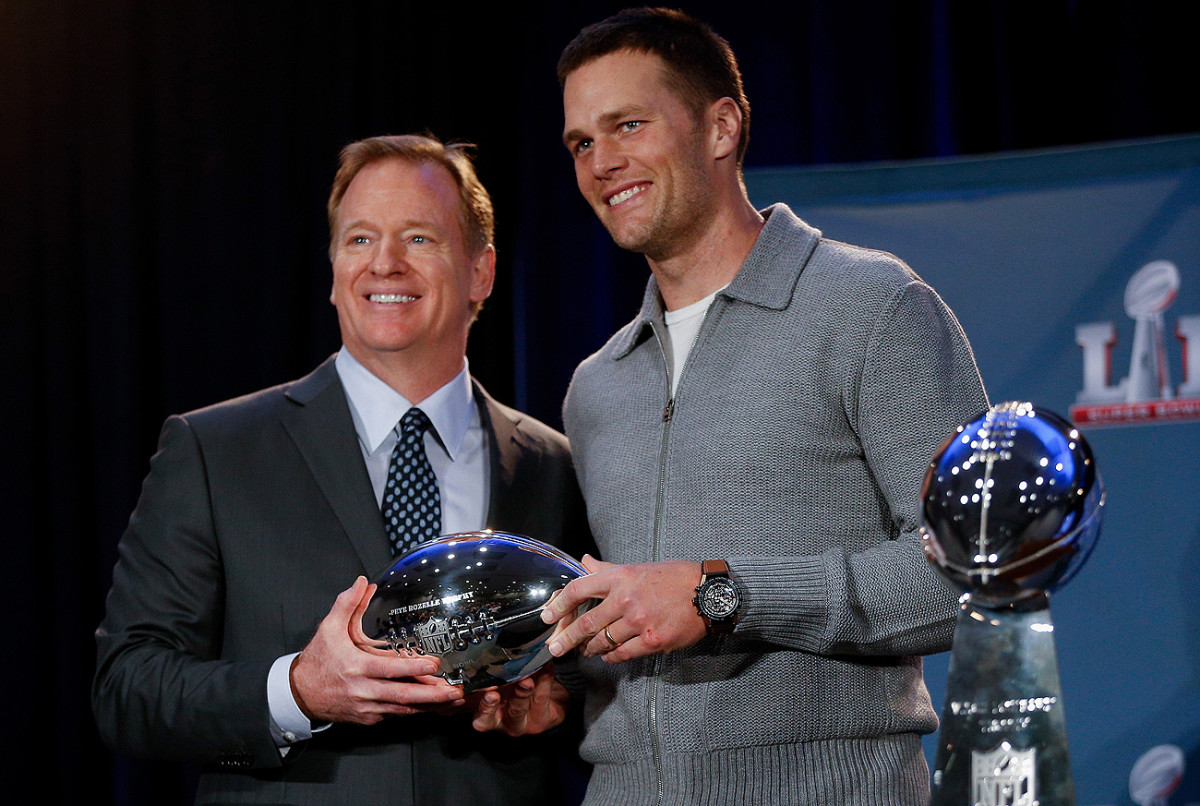 Tom Brady and Roger Goodell wore matching smiles at the MVP ceremony the morning after Super Bowl 51.