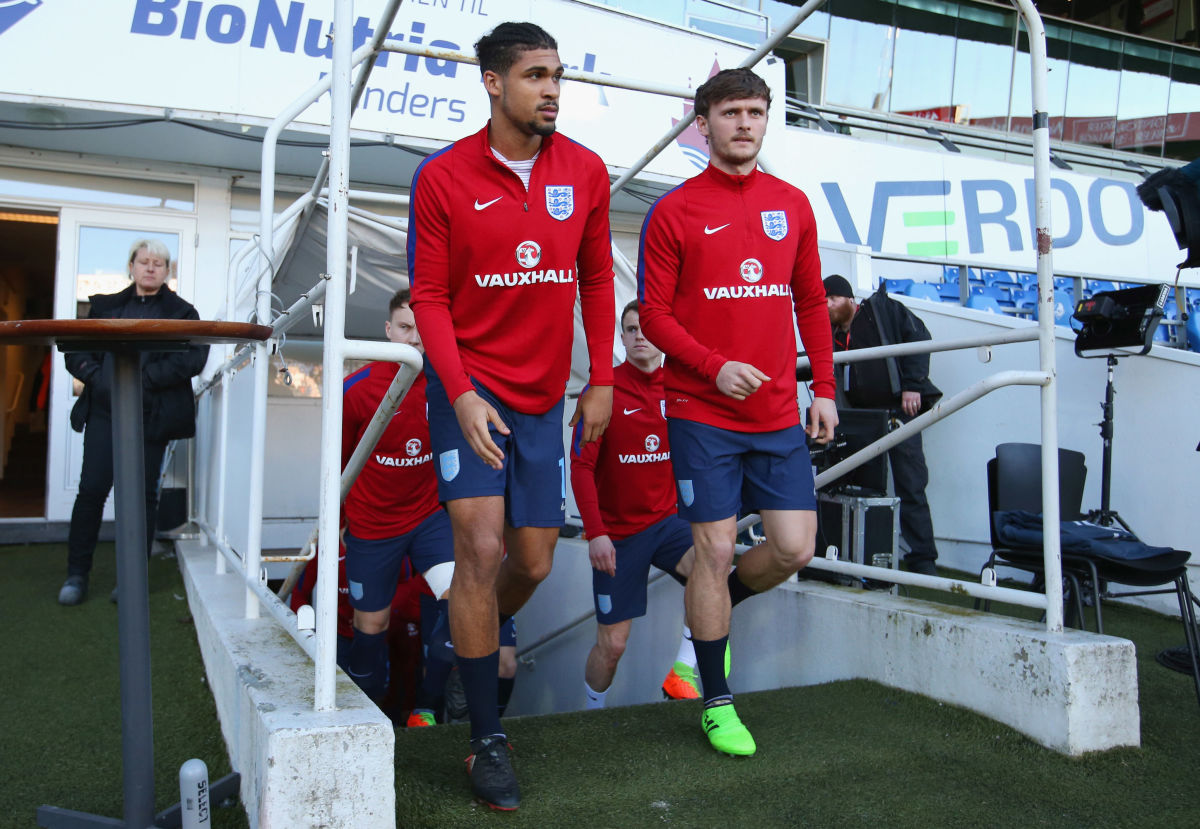 RANDERS, DENMARK - MARCH 27:  Ruben Loftus-Cheek and John Swift of England walk out of the tunnel prior to the U21 international friendly match between Denmark and England at BioNutria Park on March 27, 2017 in Randers, Denmark.  (Photo by Steve Bardens/Getty Images)