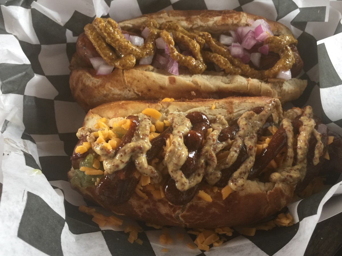 The elk, bacon and cheddar weiner on a pretzel bun from Moon Tower Inn in Houston. 