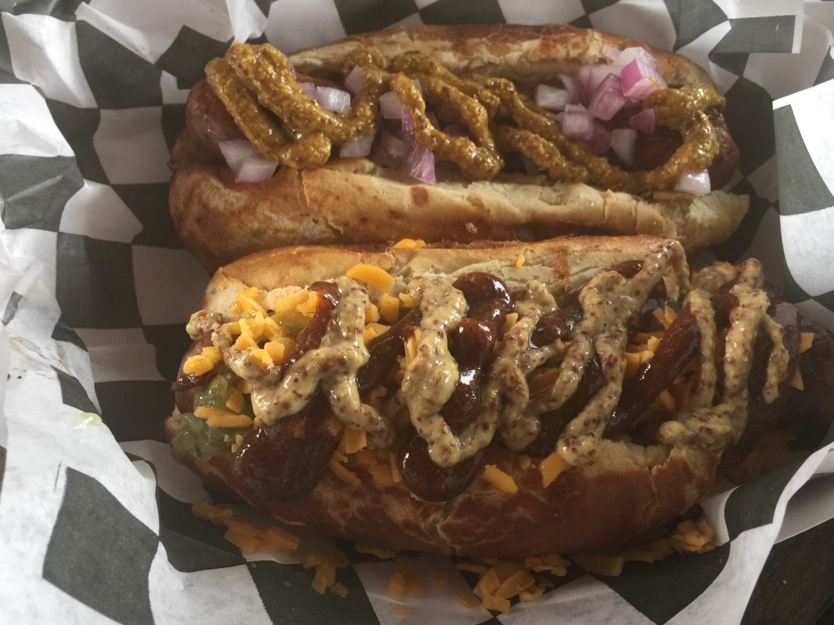 The elk, bacon and cheddar weiner on a pretzel bun from Moon Tower Inn in Houston.