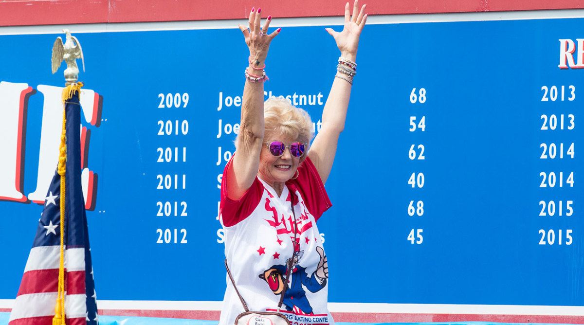 Carlene at this year's Nathan's Hot Dog Eating Contest at Coney Island. 