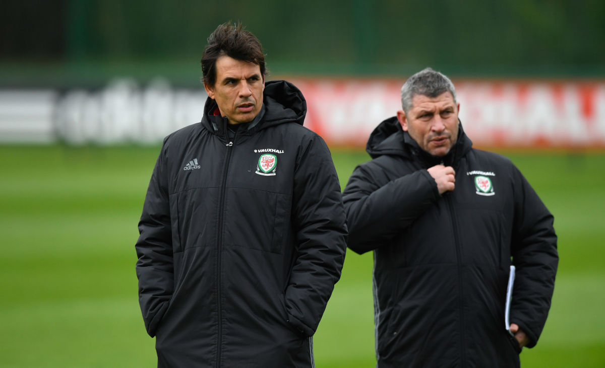 CARDIFF, WALES - MARCH 23:  Wales manager Chris Coleman (l) and Osian Roberts look on during a Wales Open Training session ahead of their World Cup Qualifier against the Republic of Ireland at the Vale Hotel on March 23, 2017 in Cardiff, Wales.  (Photo by Stu Forster/Getty Images)