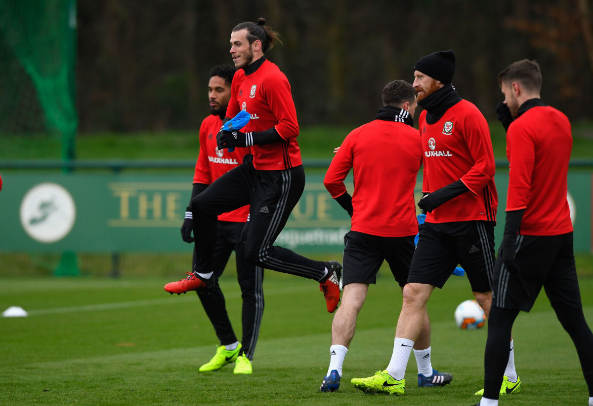 CARDIFF, WALES - MARCH 23:  Wales player Gareth Bale in action during a Wales Open Training session ahead of their World Cup Qualifier against the Republic of Ireland at the Vale Hotel on March 23, 2017 in Cardiff, Wales.  (Photo by Stu Forster/Getty Images)