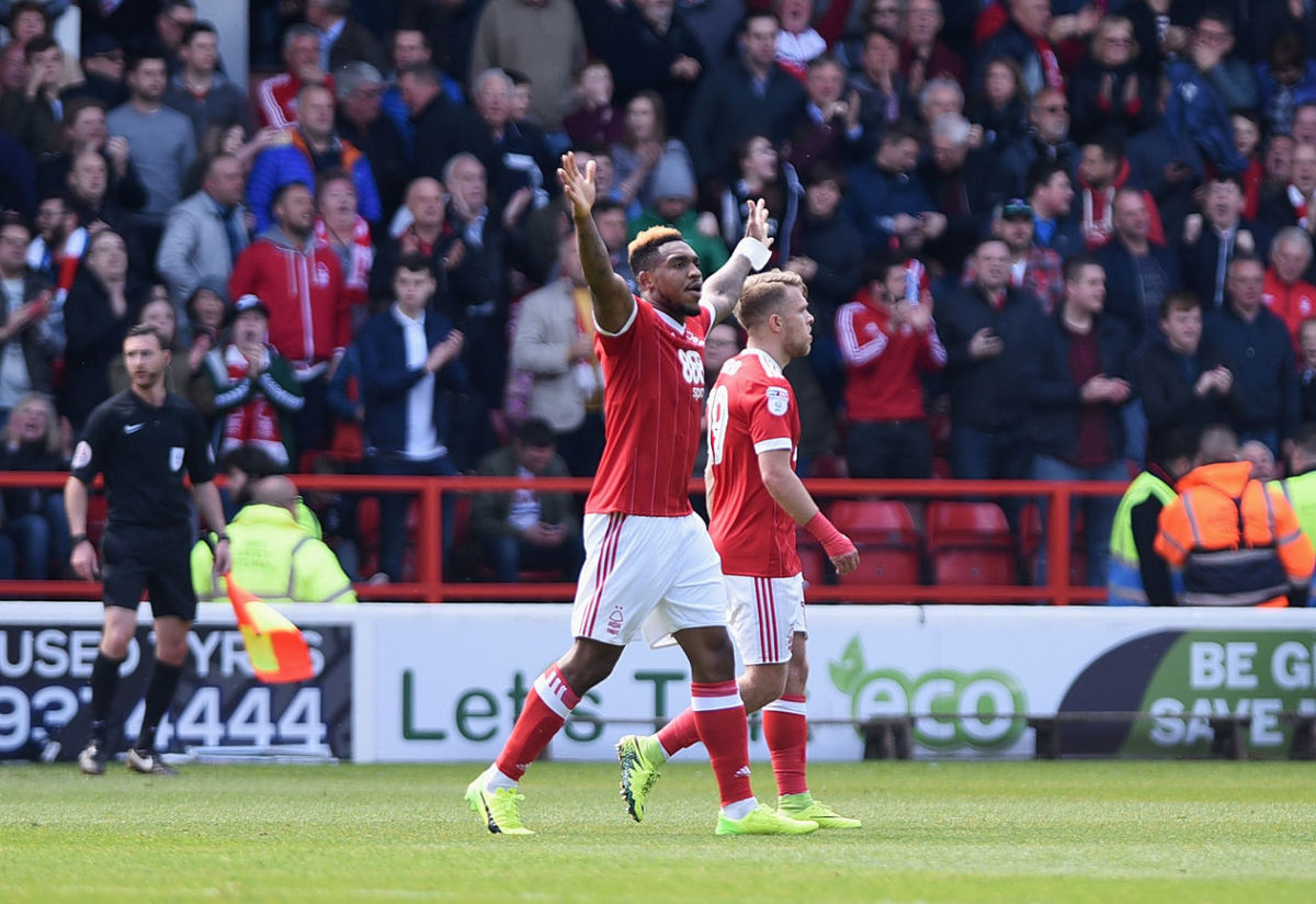 NOTTINGHAM, ENGLAND - MAY 07: Britt Assombalonga of Nottingham Forest celebrates scoring his sides third goal during the Sky Bet Championship match between Nottingham Forest and Ipswich Town at City Ground on May 7, 2017 in Nottingham, England.  (Photo by Nathan Stirk/Getty Images)