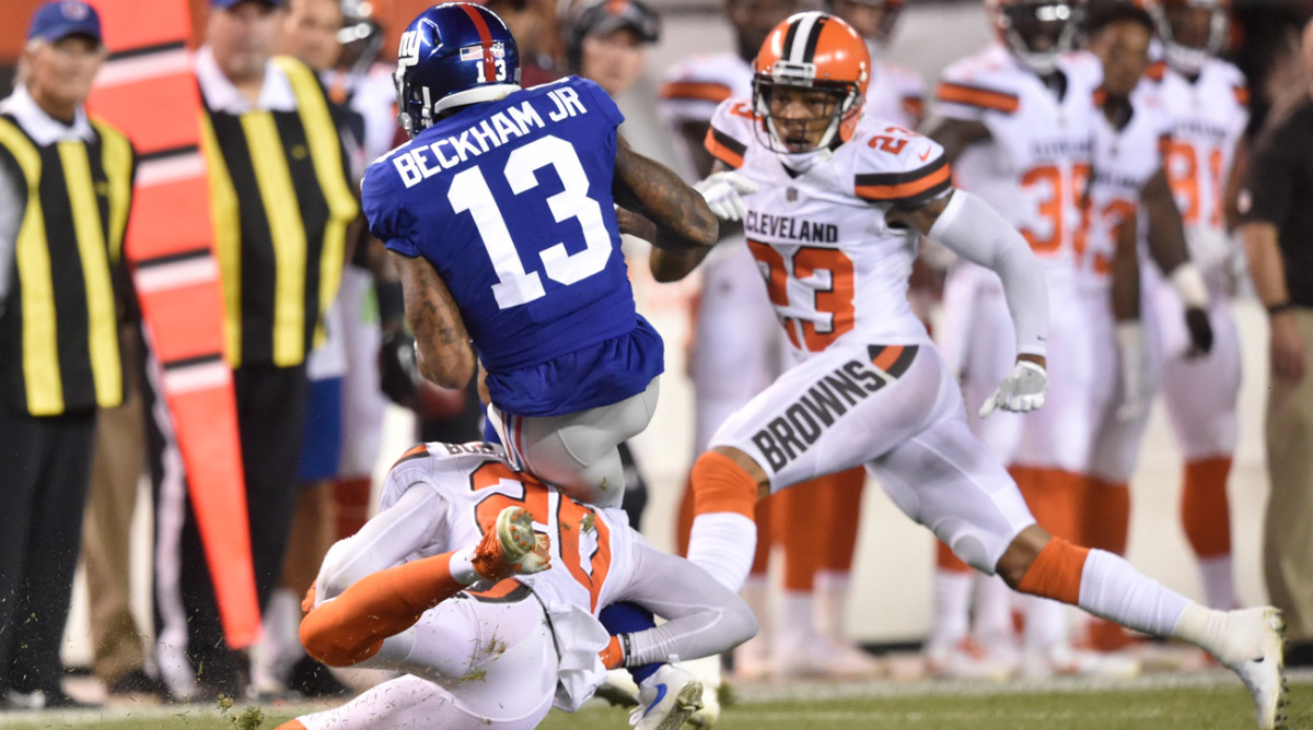 Odell Beckham Jr. suffered an ankle injury on this hit by Browns cornerback Briean Boddy-Calhoun on Monday night.