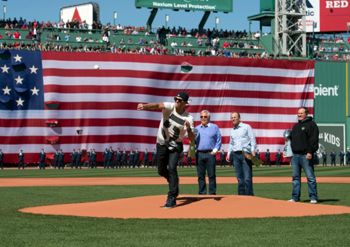 Tom Brady throws out a ceremonial first pitch at Fenway Park on Opening Day in 2015.