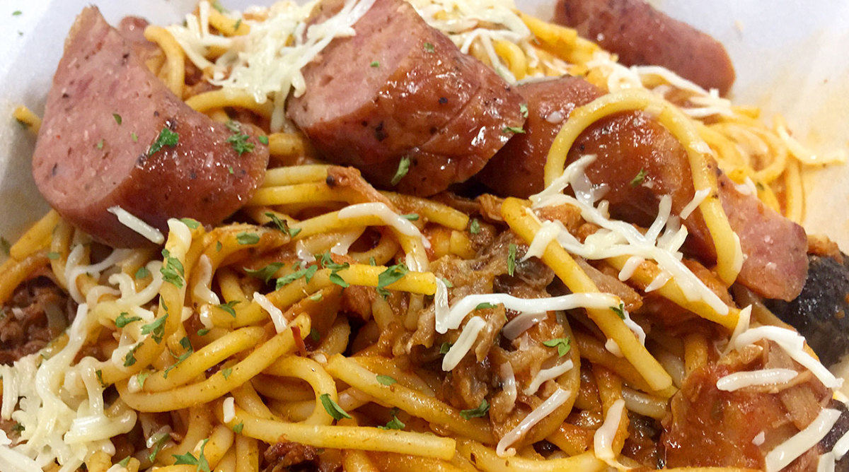 The barbecue spaghetti for lunch at Cox Bros. Barbecue.