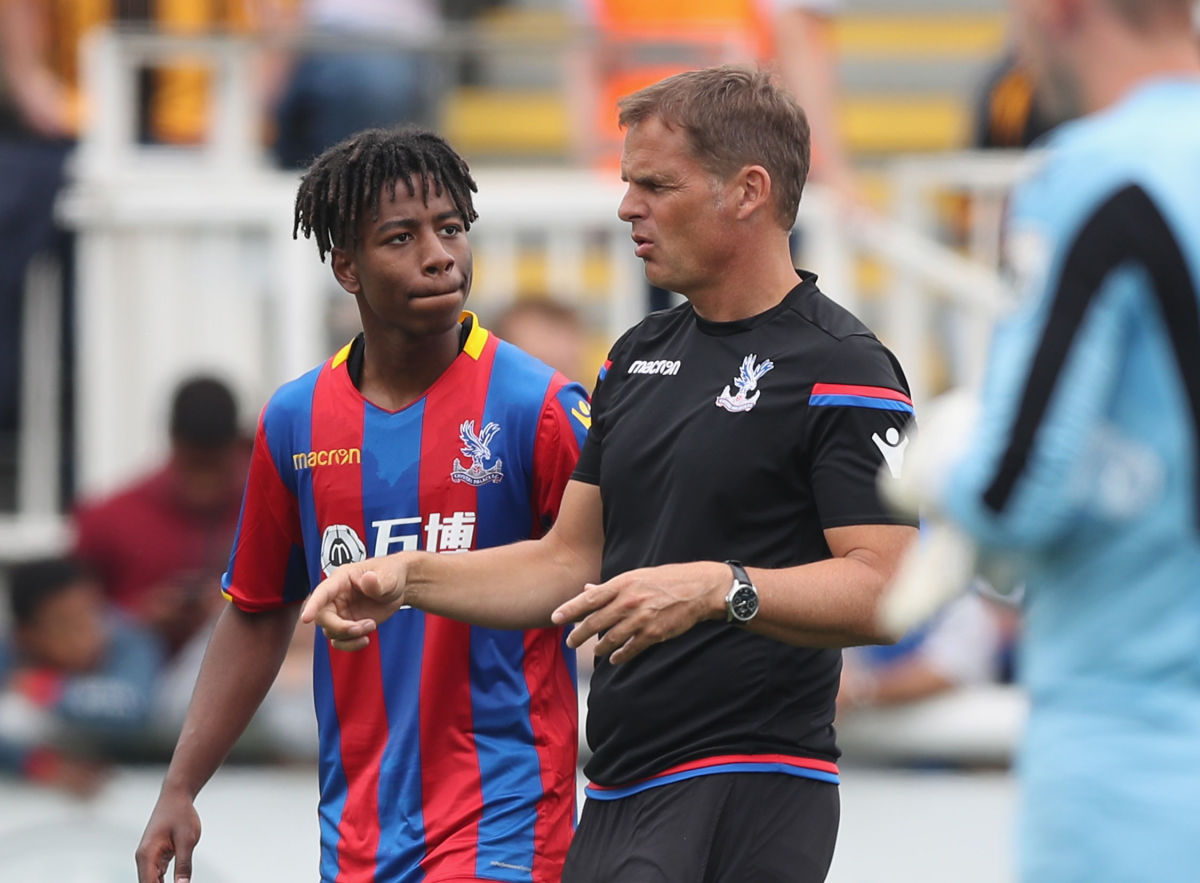 MAIDSTONE, ENGLAND - JULY 15:  Crystal Palace manager Frank De Boer talks to Jason Lokilo of Palace before the second half during the Pre Season Friendly match bewteen Maidstone United and Crystal Palace at the Gallagher Stadium on July 15, 2017 in Maidstone, England.  (Photo by Christopher Lee/Getty Images)