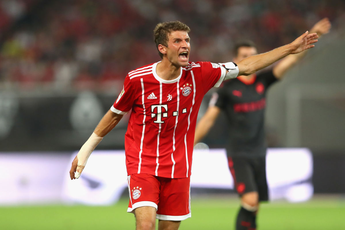 SHANGHAI, CHINA - JULY 19:  Thomas Mueller of Bayern Muenchen reacts during the Audi Football Summit 2017 match between Bayern Muenchen and Arsenal FC at Shanghai Stadium during the Audi Summer Tour 2017 on July 19, 2017 in Shanghai, China.  (Photo by Alexander Hassenstein/Bongarts/Getty Images)