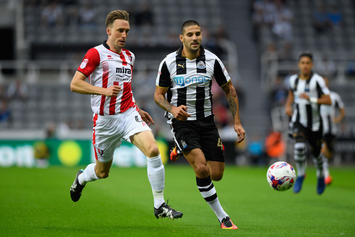 NEWCASTLE UPON TYNE, ENGLAND - AUGUST 23:  Newcastle player Aleksander Mitrovic in action during the EFL Cup Round Two match between Newcastle United and Cheltenham Town at St. James Park on August 23, 2016 in Newcastle upon Tyne, England.  (Photo by Stu Forster/Getty Images)