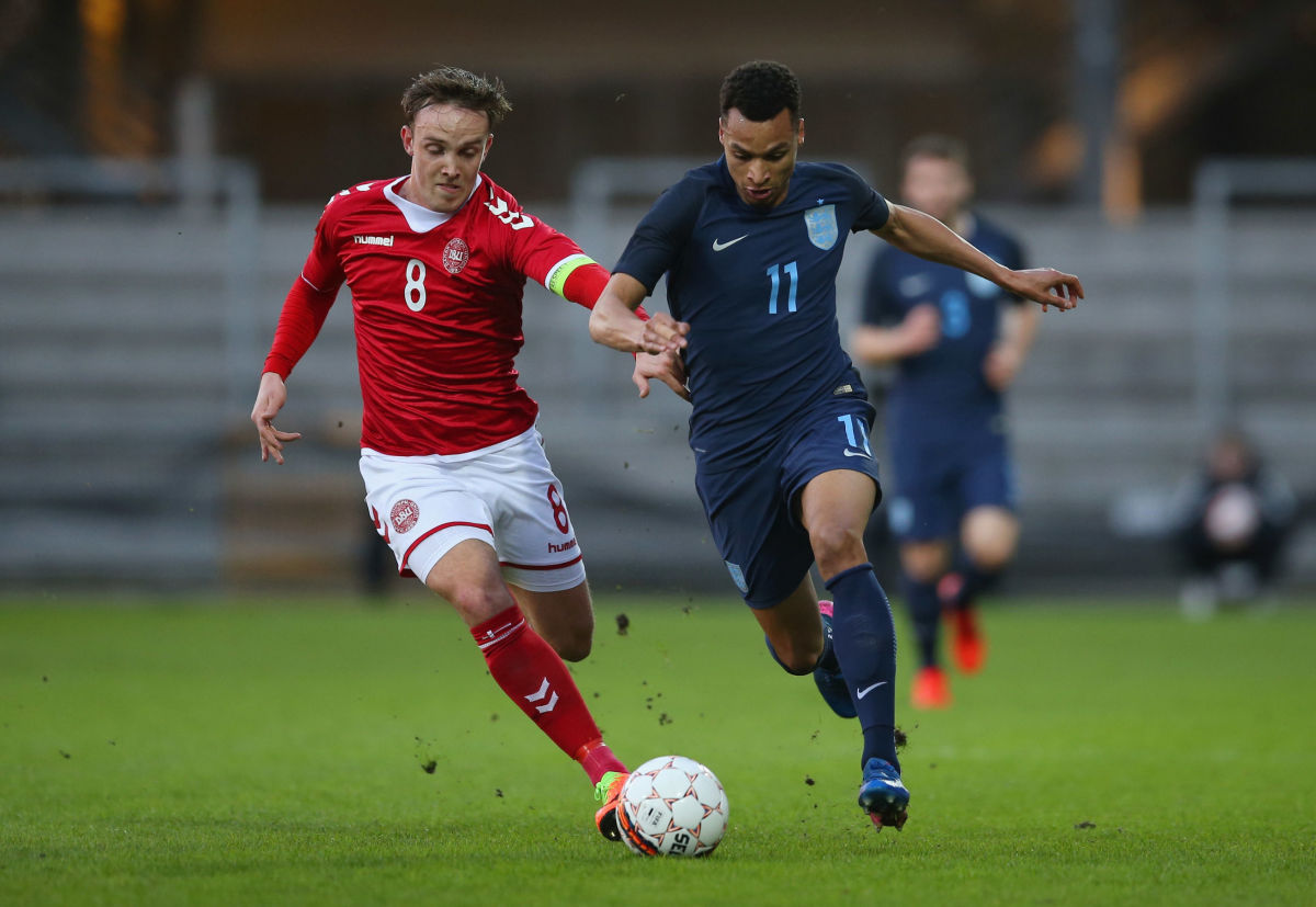 RANDERS, DENMARK - MARCH 27:  Jacob Murphy of England takes on Lasse Vigen Christensen of Denmark during the U21 international friendly match between Denmark and England at BioNutria Park on March 27, 2017 in Randers, Denmark.  (Photo by Steve Bardens/Getty Images)