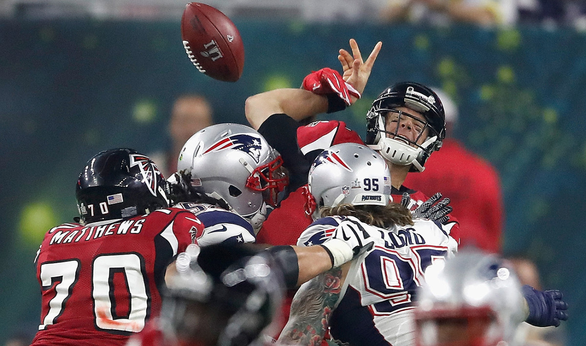 The Super Bowl began to go south for Atlanta on this hit and lost fumble, the Falcons’ first turnover of the playoffs.