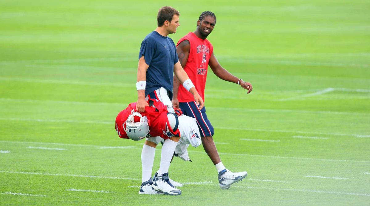 Tom Brady and Randy Moss during training camp.