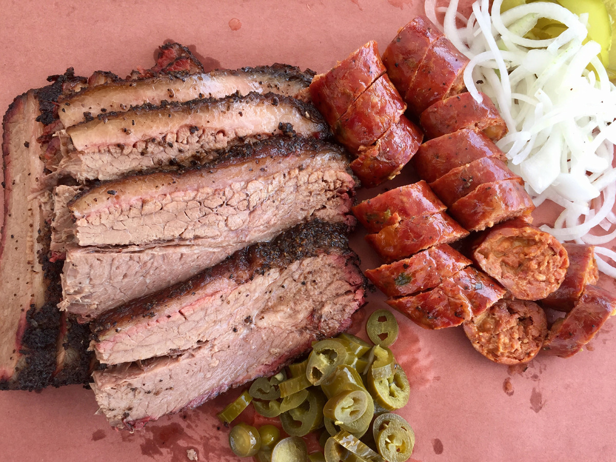 Guess Family Barbecue's brisket and jalapeño cheddar sausage.