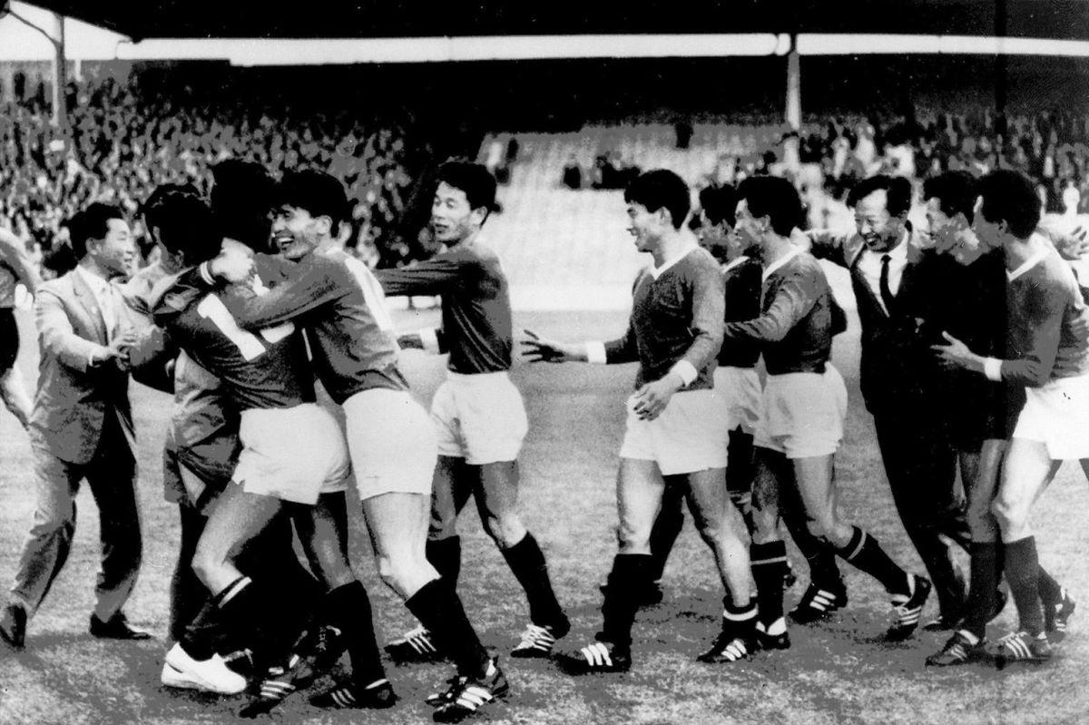 MIDDLESBROUGH, UNITED KINGDOM - JULY 19:  North Korean national soccer team players celebrate their upset victory (1-0) over Italy 19 July 1966 in Middlesbrough at the end of their World Cup first round match. Doo Ik Pak scored the winning goal. AFP PHOTO  (Photo credit should read STAFF/AFP/Getty Images)