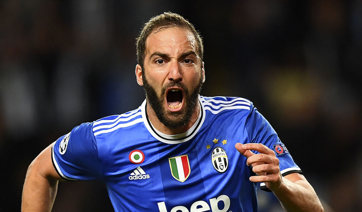 Juventus forward from Argentina Gonzalo Higuain reacts after scoring the team's first goal during the UEFA Champions League semi-final first leg football match between Monaco and Juventus at Stade Louis II Stadium in Monaco on May 3, 2017.   / AFP PHOTO / FRANCK FIFE        (Photo credit should read FRANCK FIFE/AFP/Getty Images)