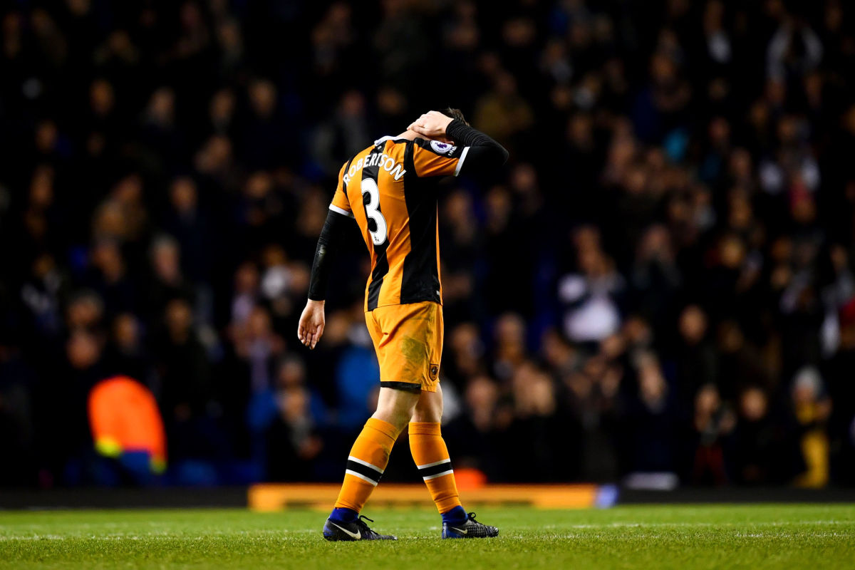 LONDON, ENGLAND - DECEMBER 14: Andrew Robertson of Hull City is dejected after the final whistle during the Premier League match between Tottenham Hotspur and Hull City at White Hart Lane on December 14, 2016 in London, England.  (Photo by Dan Mullan/Getty Images)