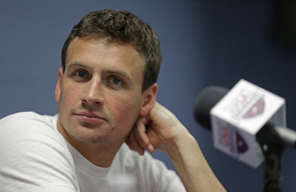 FILE - In this May 12, 2016, file photo, Ryan Lochte listens to a question from the media in Charlotte, N.C. Lochte shared a photo of his newborn son June 14, 2016 on Instagram. (AP Photo/Chuck Burton, File)