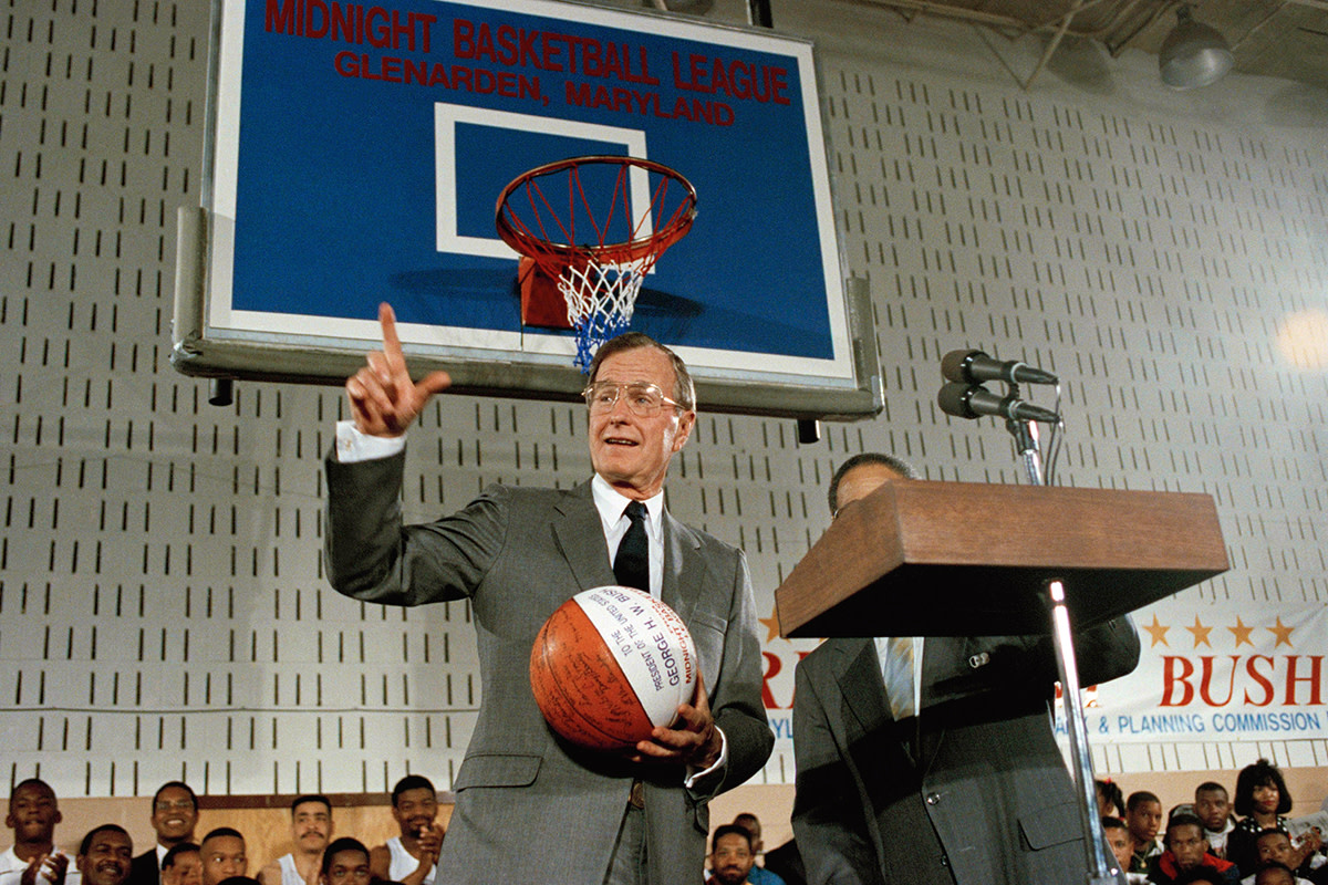 President George H.W. Bush's support for midnight basketball (later continued by President Clinton) helped boost the national attention aimed at the program.