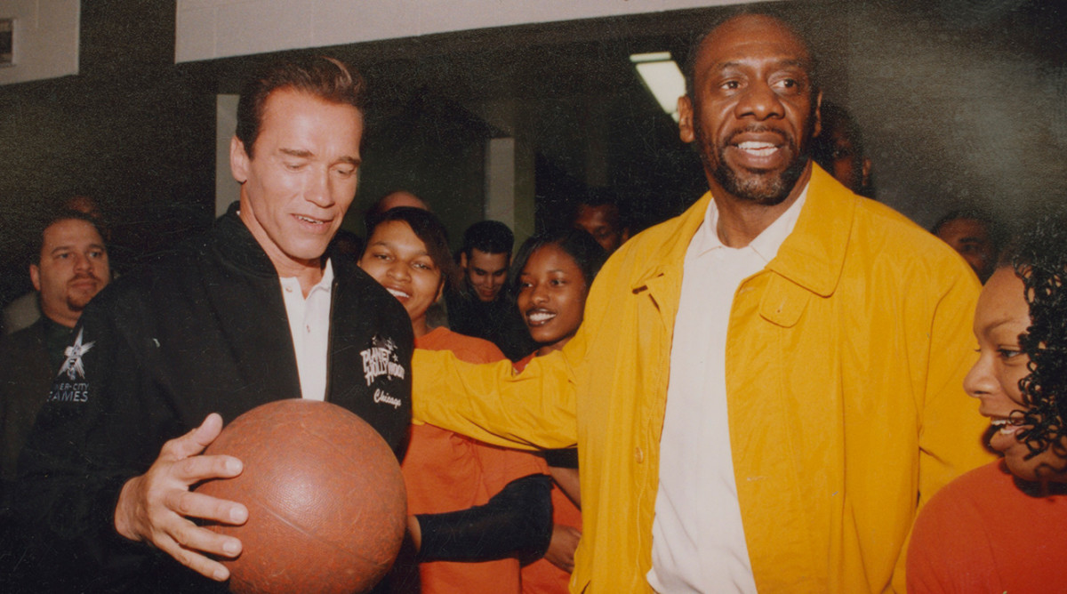 Walker (right), who brought in Arnold Schwarzenegger and other celebrities to ceremonies held for his Chicago league, knew the value of adding some glitz to midnight basketball.