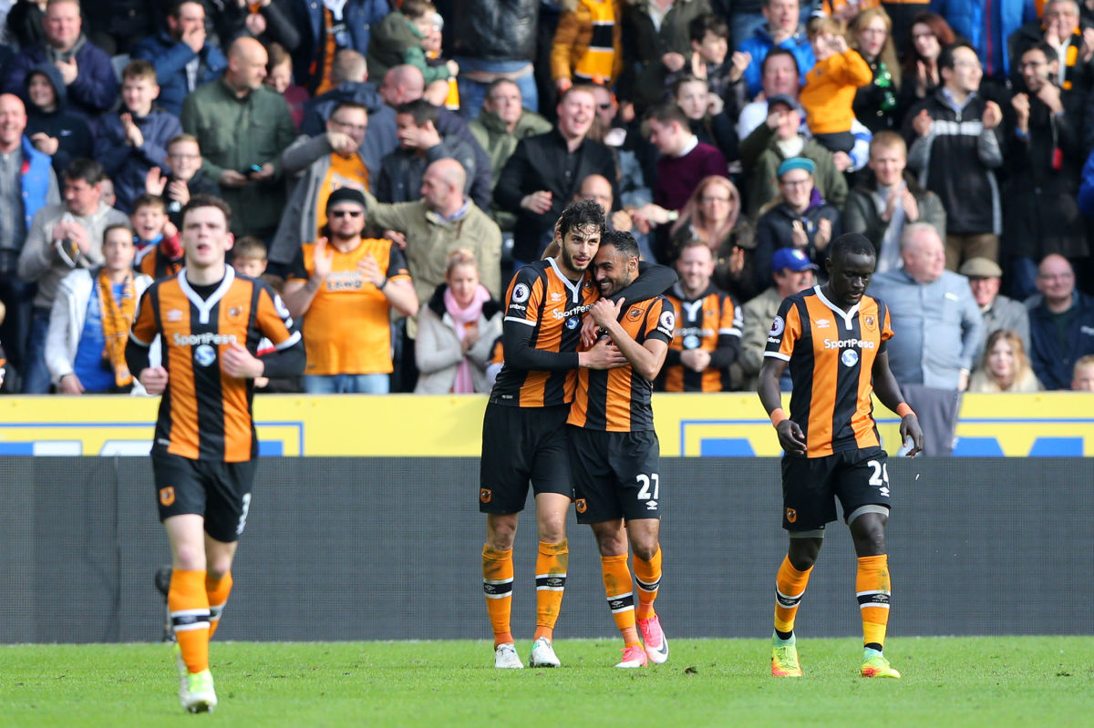 HULL, ENGLAND - APRIL 01: Andrea Ranocchia of Hull City (CL) celebrates scoring his sides second goal with Ahmed Elmohamady of Hull City (CR) during the Premier League match between Hull City and West Ham United at KCOM Stadium on April 1, 2017 in Hull, England.  (Photo by Nigel Roddis/Getty Images)