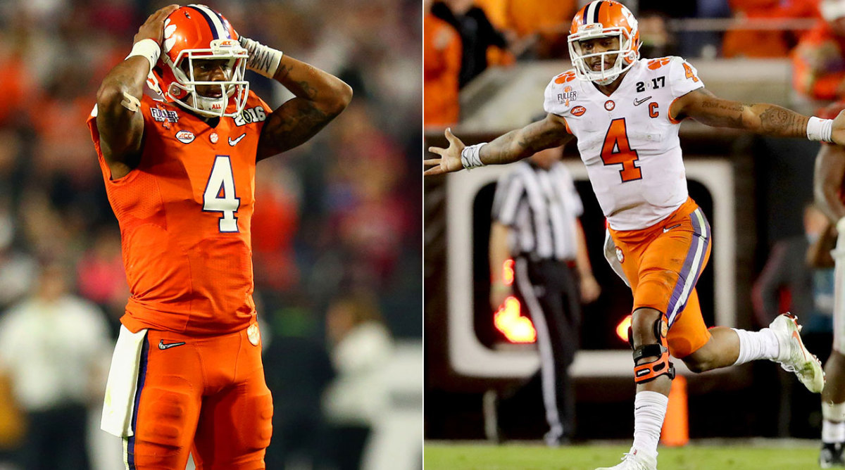 On the left, Deshaun Watson laments Clemson's title game loss in 2016; On the right, he celebrates its win one year later. 