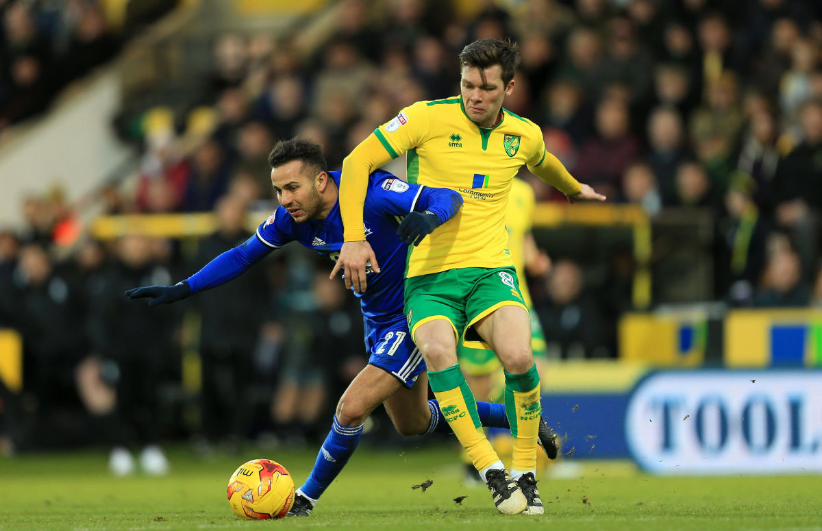 NORWICH, ENGLAND - JANUARY 28:  Jonny Howson of Norwich City and Kerim Frei of Birmingham City compete for the ball during the Sky Bet Championship match between Norwich City and Birmingham City at Carrow Road on January 28, 2017 in Norwich, England. (Photo by Stephen Pond/Getty Images)