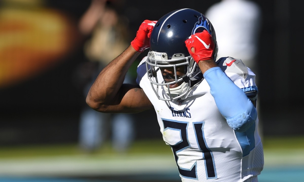 Tennessee Titans cornerback Malcolm Butler (21) reacts in the second quarter at Bank of America Stadium.
