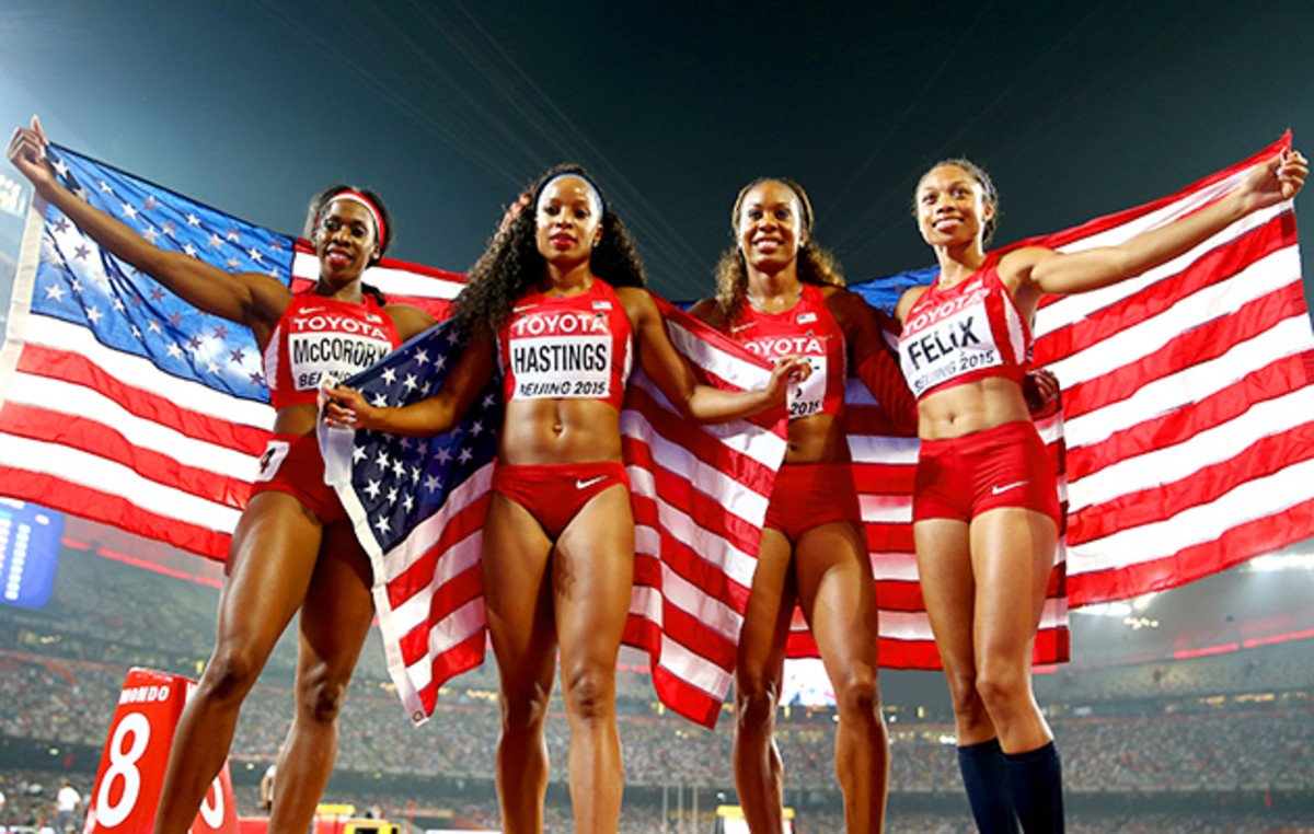 Francena McCorory, Natasha Hastings, Sanya Richards-Ross and Allyson Felix celebrate after winning silver in the 4x400 relay at the 2015 IAAF World Championships in Beijing.
