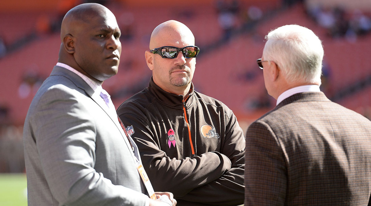 GM Ray Farmer (left) and coach Mike Pettine (center) were in their jobs for two seasons before being fired by owner Jimmy Haslam.