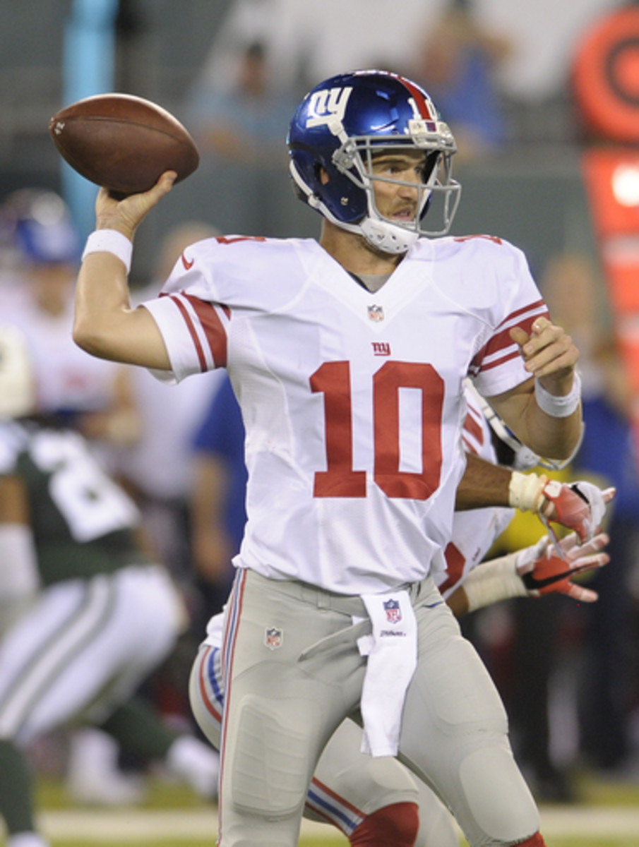 New York Giants quarterback Eli Manning (10) throws a pass during the first half of an NFL preseason football game against the New York Jets on Saturday, Aug. 27, 2016, in East Rutherford, N.J. (AP Photo/Bill Kostroun)